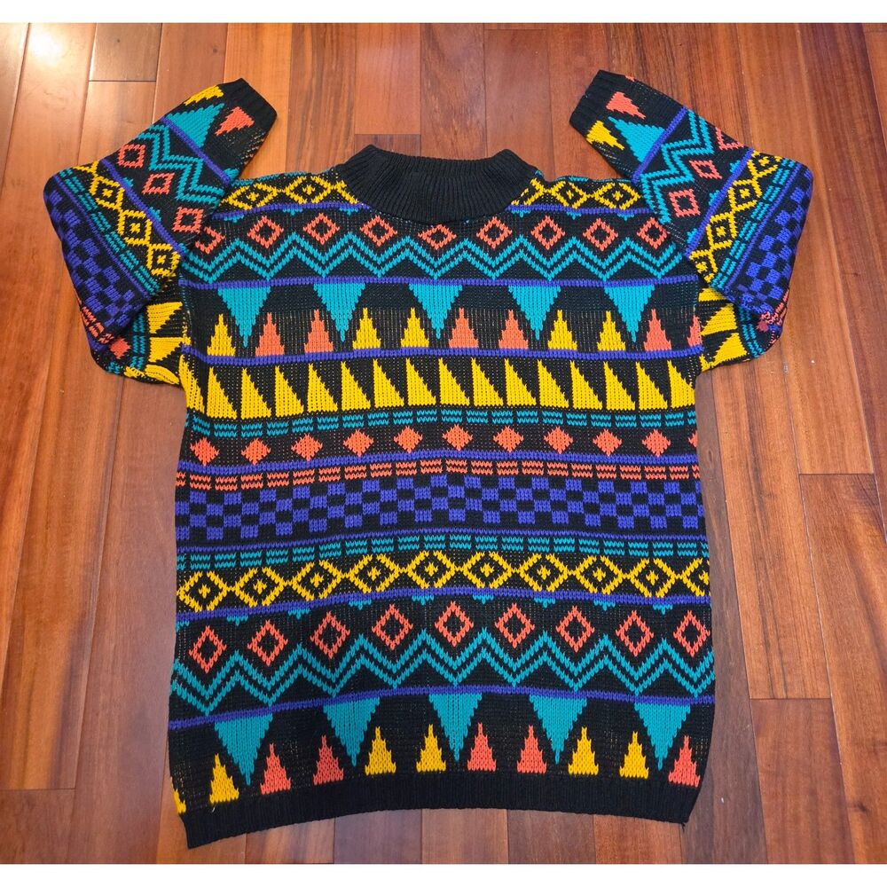 Vintage 80s Crewneck Women's M Knit Sweater Retro Coogi-Style Chevron